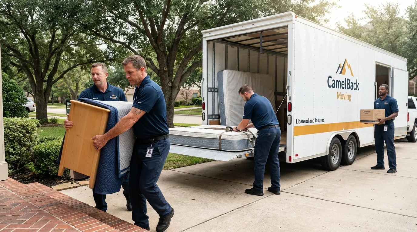 Crew loading residential truck for cross-state move from Morehead City, NC