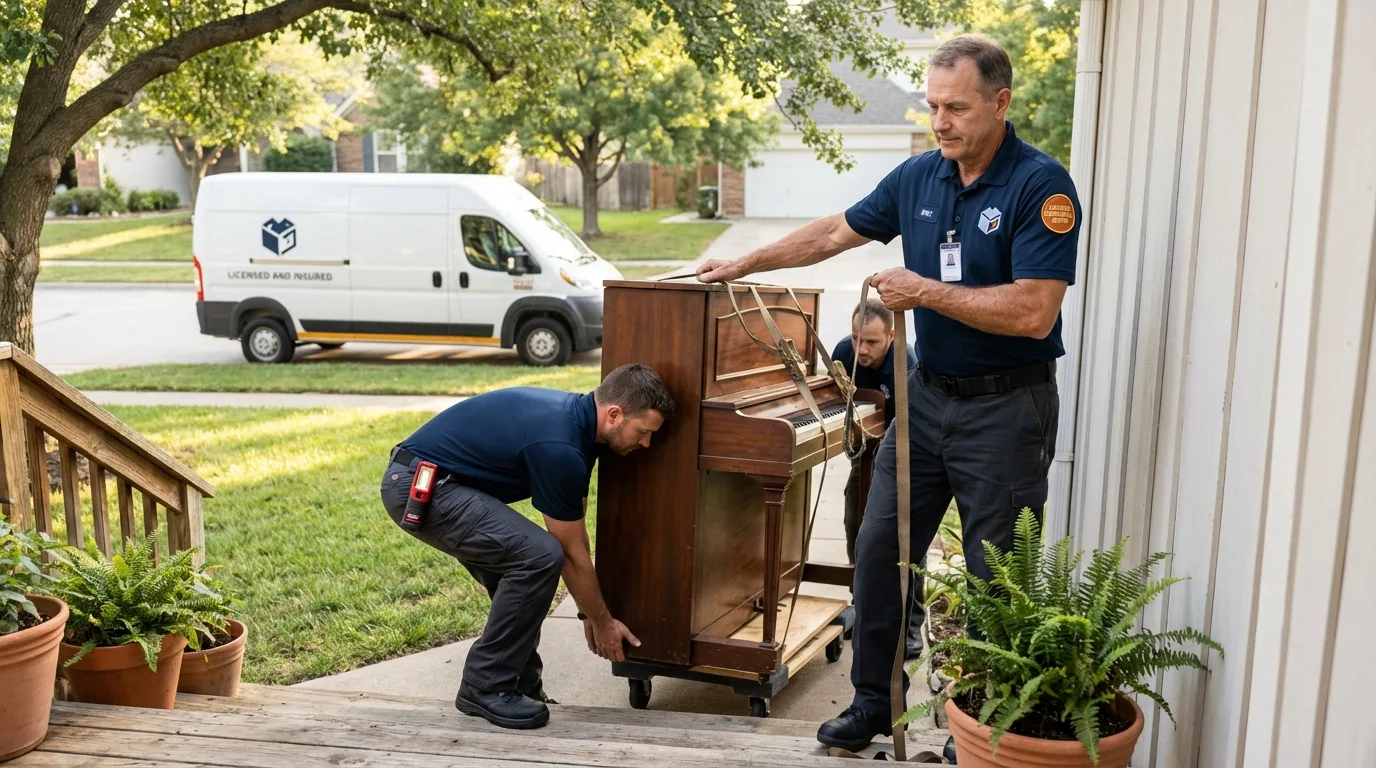 Licensed piano movers securing grand piano in Morehead City, NC
