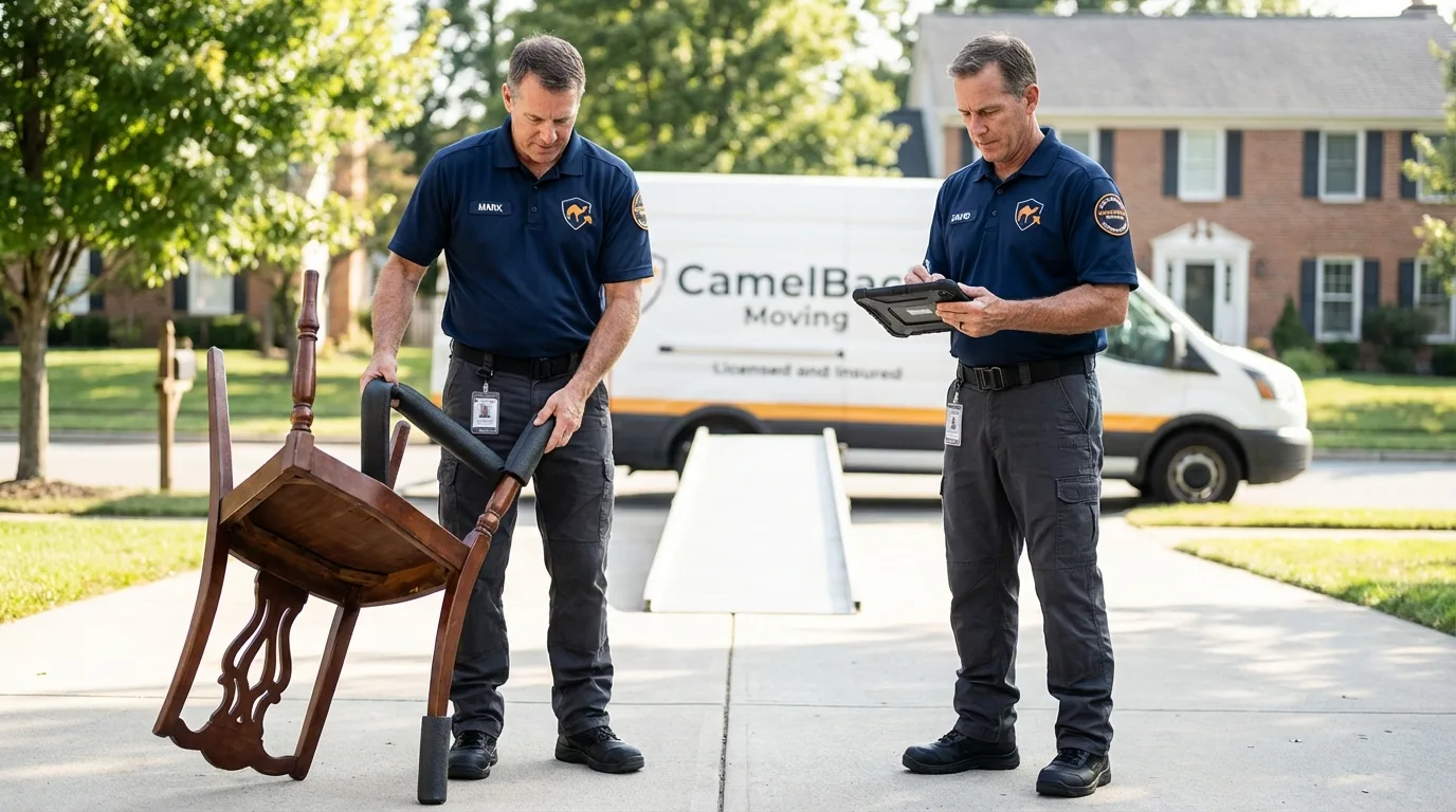 Movers inspecting furniture for damage prevention before loading in Morehead City, NC
