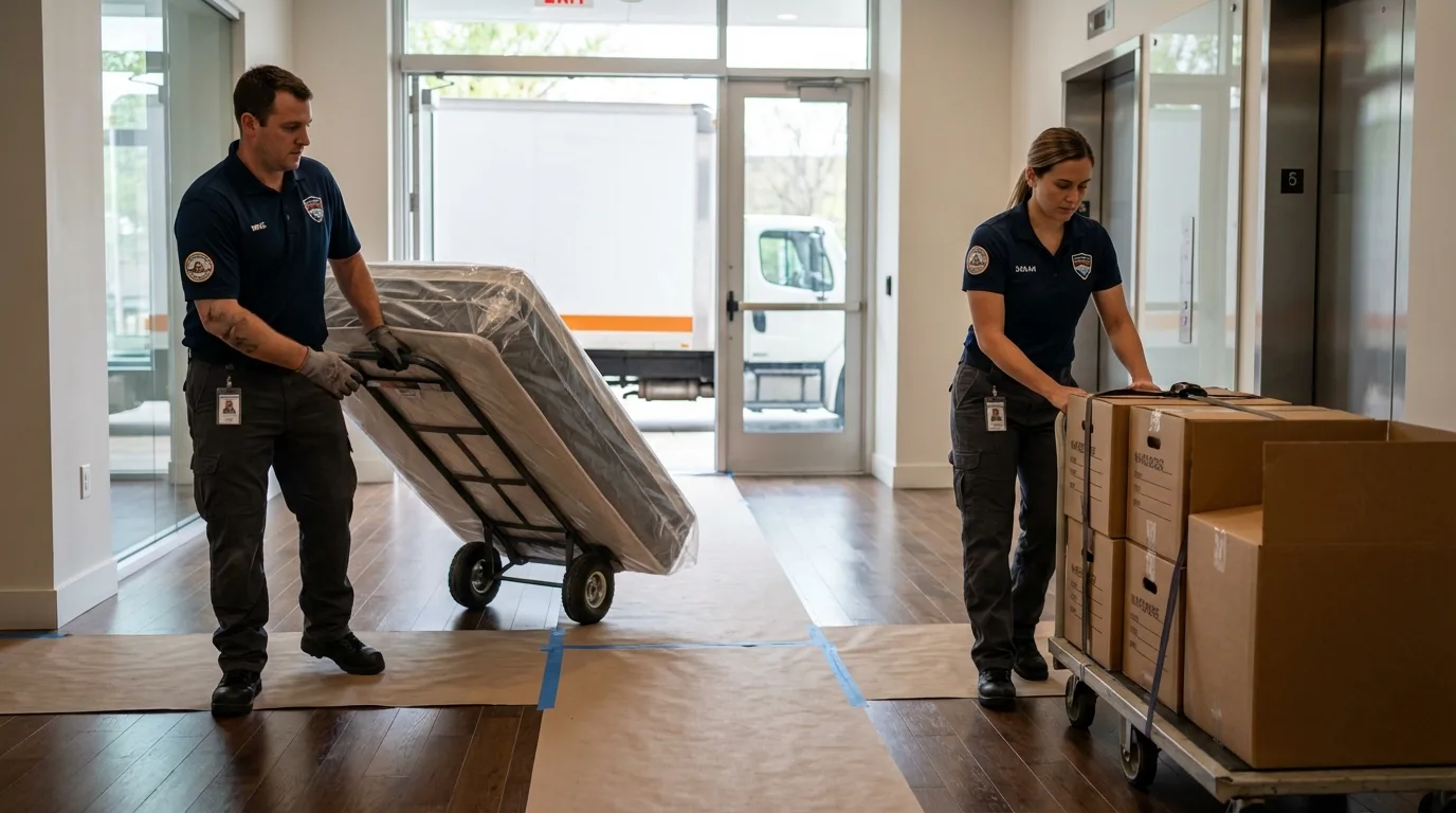 Professional apartment movers loading elevator in Morehead City, NC