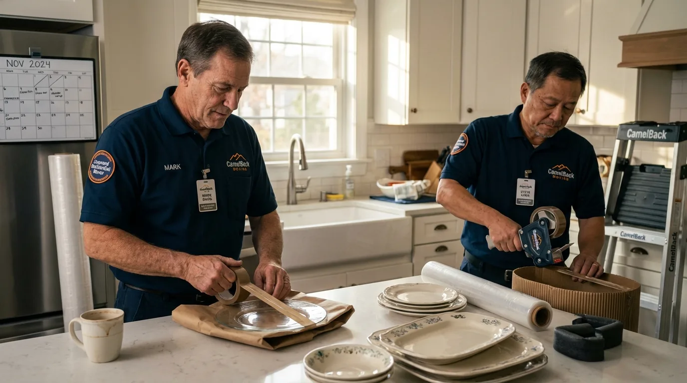 Professional crew packing kitchen dishware in Morehead City, NC